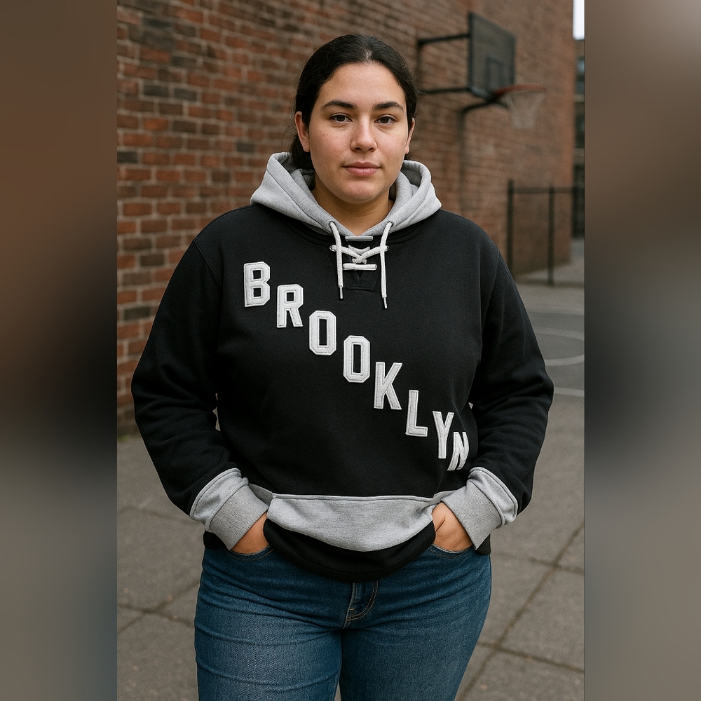 Brooklyn Cloth Black and Gray Women's Hoodie Large Spellout On Front And Lacing‎
